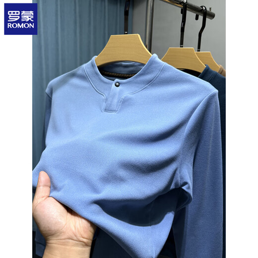 ROMON Double-sided German Velvet Henley Collar Slim Bottoming Shirt Men's Autumn and Winter T-shirt Men's Long Sleeve Warm Brushed Gray M 165
