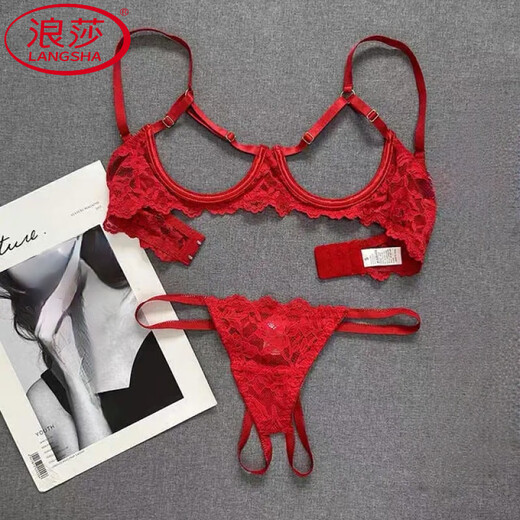 LangSha Small Breast Revealing Large Lace Underwired Push-up Push-Up Hollow Bra Sentimental Underwear Revealing Breast Bra Bra Set Red (Half Cover Style) M Suitable for 80ABCD x Others