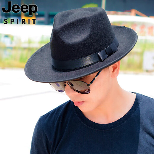JEEP SPIRIT Shanghai Beach Big Brim Top Hat Men and Women Jazz Hat Black Hat Retro Middle-aged and Elderly Spring Autumn and Winter Woolen Hat Gentleman L142 Large Brim Woolen Black One Size (57-58cm)
