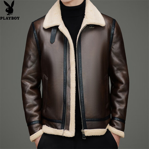 Playboy Plush Leather Jacket Men's Winter Thickened Warm Leather Jacket Fur All-in-One Jacket Fashion Casual Leather Jacket Black XL