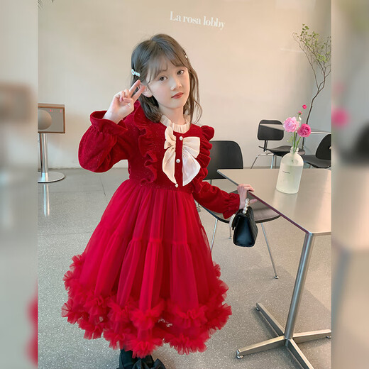 Nisha Beier Girls Dress Autumn and Winter 2025 New Velvet Winter Girls Red New Year Clothes Children Red 130