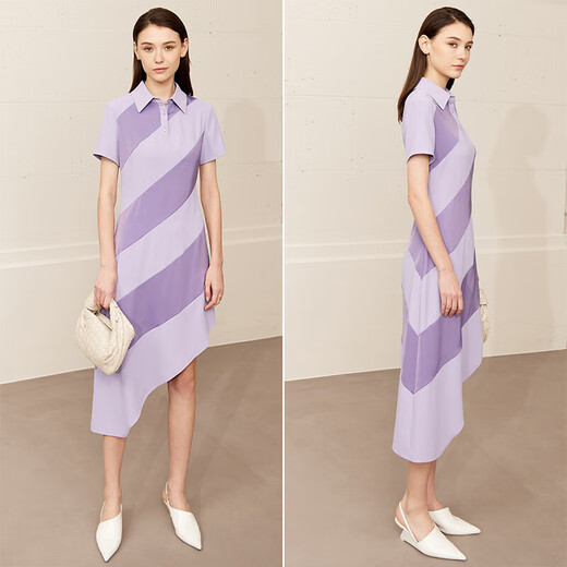 AMII Women's 2025 Summer New POLO Collar Stitched Diagonal Dress Little Black Skirt Feel Taro Purple S 155/80A