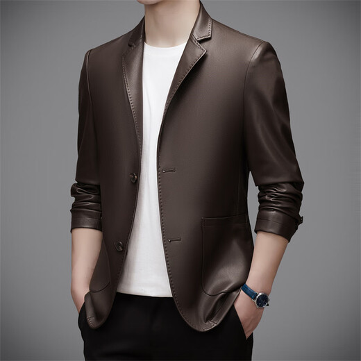 Fuguiniao (FUGUINIAO) 2025 New Korean Style Slim Small Suit Jacket Men's Spring and Autumn Leather Clothing Business Casual Leather Suit Jacket Trendy Brown M