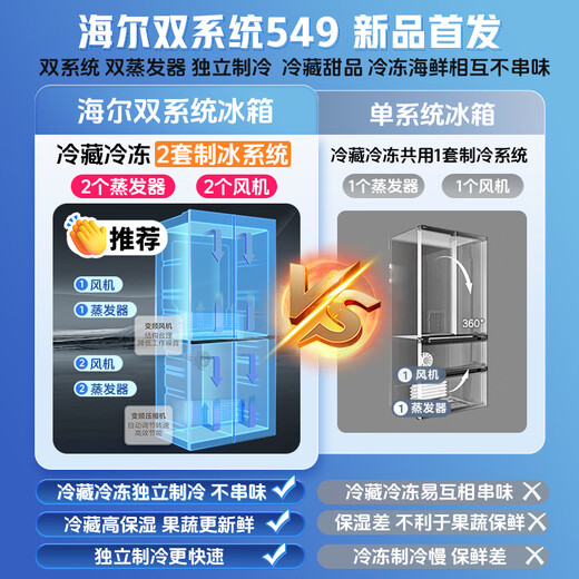 Haier Xiaohonghua 2.0 dual system dual cycle refrigerator 549 liters large capacity cross door double door four door household ice making refrigerator first class energy efficiency dual frequency conversion 2026 new model intelligent dual system no odor + ALP ultra-clean system + national subsidy 15%