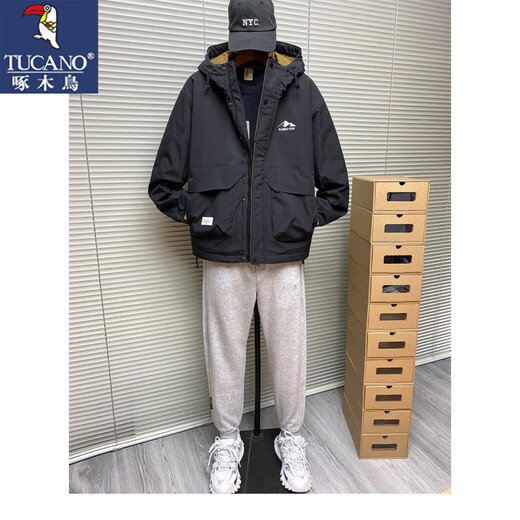 Woodpecker Autumn and Winter Cotton Thickened Jacket Men's Youth Cotton Clothes Casual Hooded Workwear Windproof Jacket Men's 10602/8001 Gray Green Thickened L (Recommended 100-120Jin Jin equals 0.5 kg)