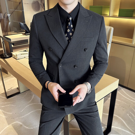 FZPT light luxury trendy brand suit men's 2025 autumn and winter new high-end business fashion casual double-breasted dress suit gray single suit + trousers 2XL recommended 135-150Jin Jin equals 0.5 kg