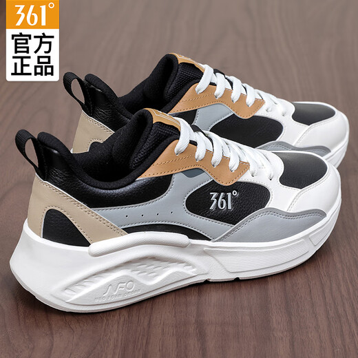 361 Men's Running Shoes Autumn and Winter Leather Non-Slip Men's Sports Shoes Wear-Resistant Shock Absorption Commuting Versatile Casual Shoes Obsidian Black/Cycle Gray Water-Repellent 42