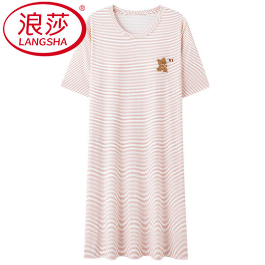 浪莎带胸垫睡裙女夏季莫代尔短袖中长款网红风大码夏天条纹冰丝睡衣女 A-11762 【莫代尔带胸垫】 M 女