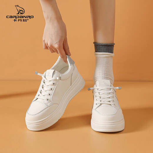 Cardan Road Women's Shoes 2025 New Autumn White Shoes Thick Soled Inner Heightening Women's Skirts Small Versatile Casual Shoes Women Beige 37