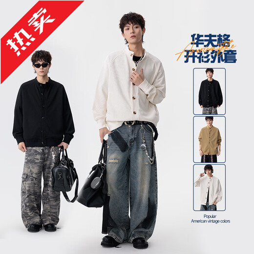 GOLDLION G+ Retro Waffle Cardigan Jacket Men's 2025 Autumn New Japanese Henley Collar Loose Sweatshirt Clip Fashion Black M