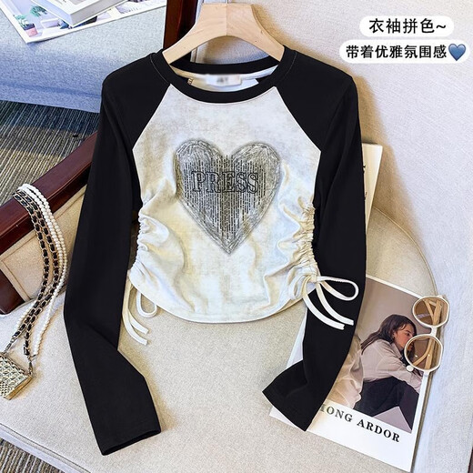 Girls raglan printed T-shirt long sleeves 2026 autumn medium and large children's style drawstring short tops slim bottoming shirt black drawstring butterfly cat 160