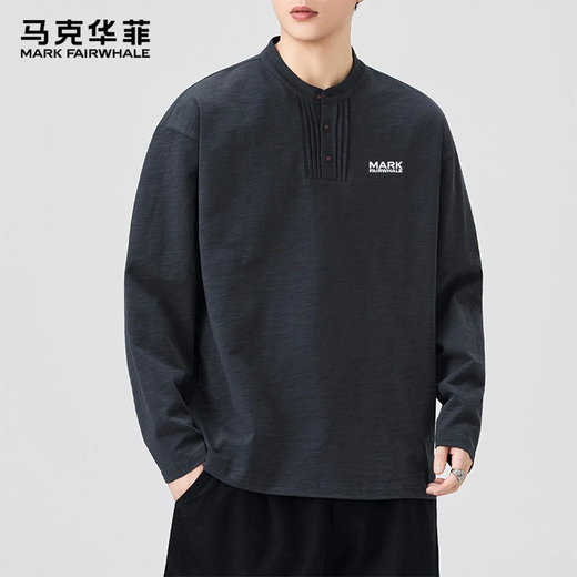 MARK FAIRWHALE American cotton long-sleeved T-shirt men's 2025 autumn sweatshirt casual Henry collar loose bottoming shirt top clothing dark gray XL recommended 130-150Jin Jin equals 0.5 kg