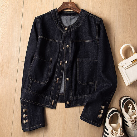 Sibaishe Denim Jacket 2025 Autumn New Women's Fashion Loose Style Slim Single Breasted Washed Long Sleeve Round Neck Top Dark Navy One Size