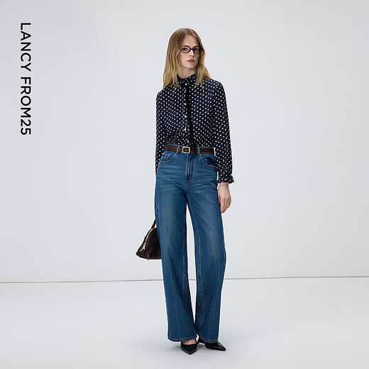 Langzi fungus-edged elegant stand-collar shirt retro and capable temperament commuter style top for women 2026 spring new Berlin blue S