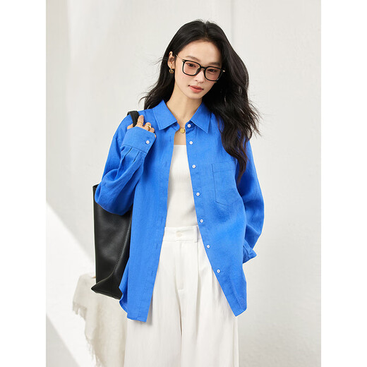Fanciman Commuting Linen Long Sleeve Shirt Women's Spring New Simple Relaxed Lapel Top Klein Blue XL