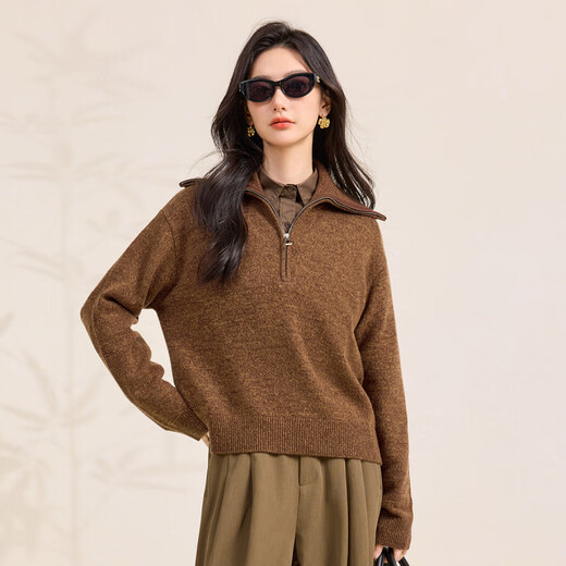 Chunzhu Thick Pure Wool 2025 Autumn and Winter New Half-Zip Lapel Casual All-Match Warm Sweater Women's Cardigan Caramel Brown M (80-110Jin Jin equals 0.5kg)