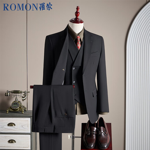 ROMON suit + vest + trousers Modal cotton wool haute blazer business dress jacket men black 2XL