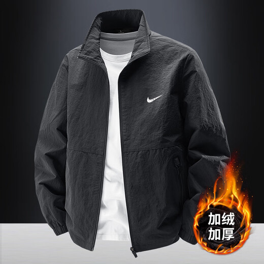 Sports jacket men's winter velvet coat casual top stand collar autumn and winter breathable windproof middle-aged fishing jacket black velvet XL 130-145Jin Jin equals 0.5 kg