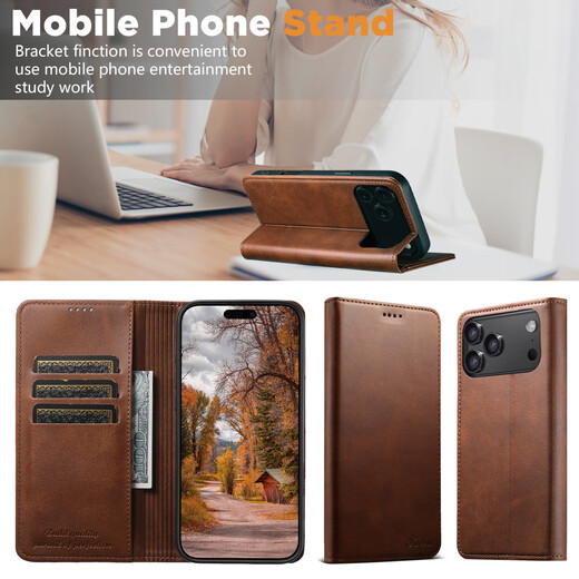 Luo Yi is suitable for Apple 17ProMax mobile phone case iPhone16/15/14/13Pro genuine leather clamshell magnetic leather case all-inclusive anti-fall silicone protective cover for men and women high-end brown calf simple magnetic leather case Apple 15ProMax
