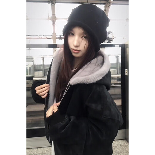 ZHUYIFAN hooded mountain carving leather jacket, men's and women's winter velvet thickened warm fur collar cotton jacket trendy brand apricot upgraded version L 110-130Jin Jin is equal to 0.5 kg