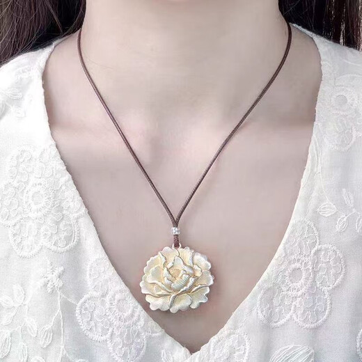 Laohuangxiang solid silver 999 peony flower solid pendant necklace for women, rich, light and luxurious, versatile sterling silver necklace gift