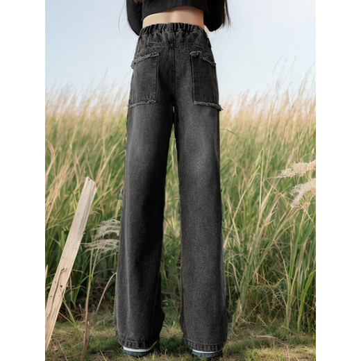 YISHION Girls Jeans Autumn 2025 New Children's Black Pants Autumn Clothes Girls Big Children Straight Leg Wide Leg Pants Junior High School Students Black Spot Quick Delivery 120 cm