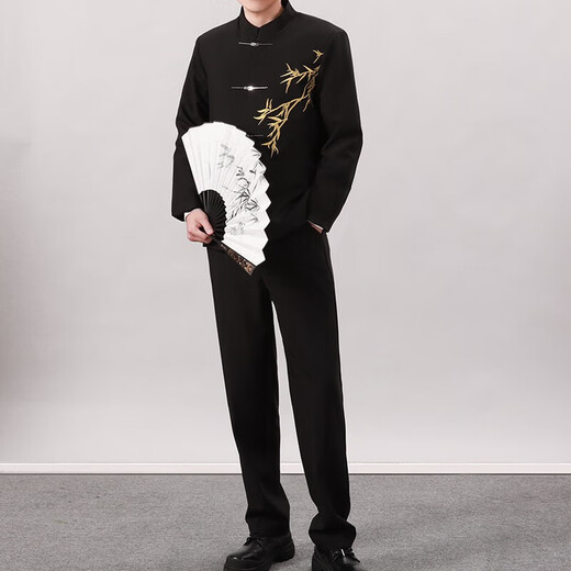 GOKU Men's New Chinese Style Engagement Dress Stand Collar Mao Suit Suit Chinese Style Embroidered Suit for Marriage Tang Suit Men Golden Bamboo Jacket + Pants L Recommended weight 110-130 Jin Jin equals 0.5 kg