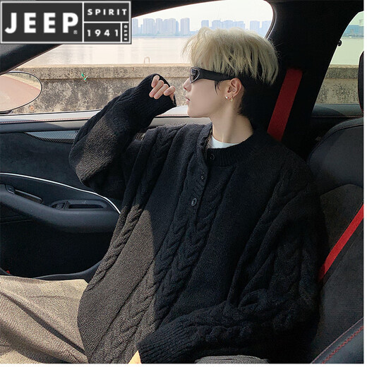 JEEP SPIRIT Henry collar sweater for men in autumn and winter fashion cable pattern blended pullover sweater for men simple warm woolen clothes off-white M