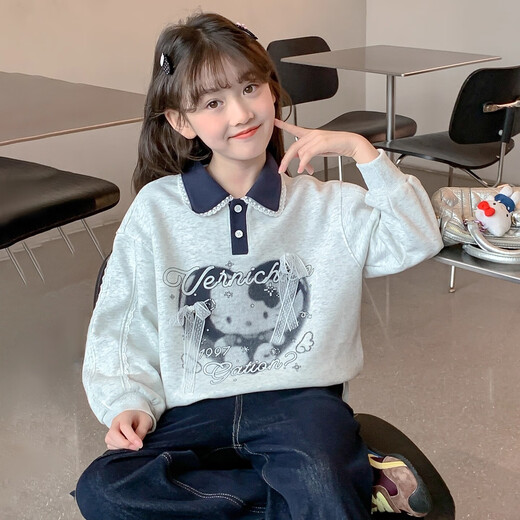 Mädchen Sweatshirt Herbst 2025 neuer Stil Kinder Herbst und Winter Samtanzug Kleidung Mädchen verdickte Kinderbekleidung Top NN-168 grau-weißes Sweatshirt 150