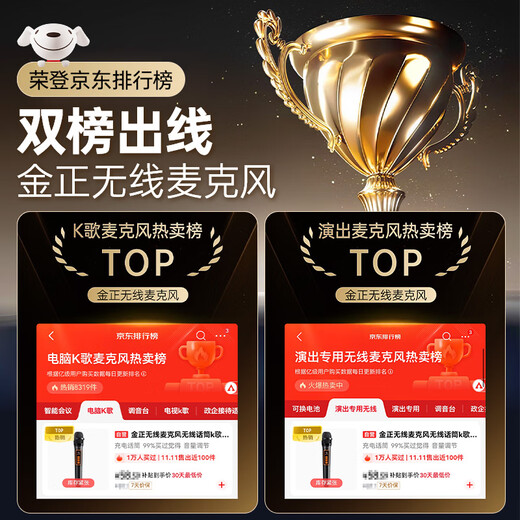 Jinzheng Rechargeable Wireless Microphone Wireless Microphone One to Two K Song Professional Singing Handheld Microphone Universal Home KTV Audio Speaker Special Double OK-12S Gold