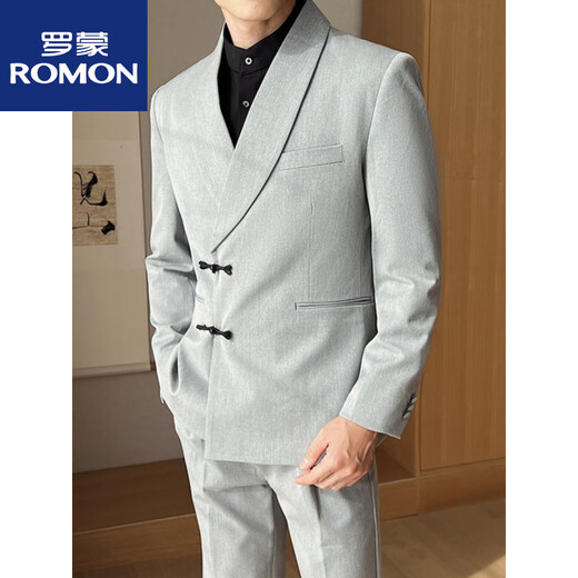 ROMON Chinese style retro buckle dinner suit men's new Chinese tunic green fruit collar suit two-piece groom's dress gray suit + trousers M Recommended - 120 Jin Jin equals 0.5 kg