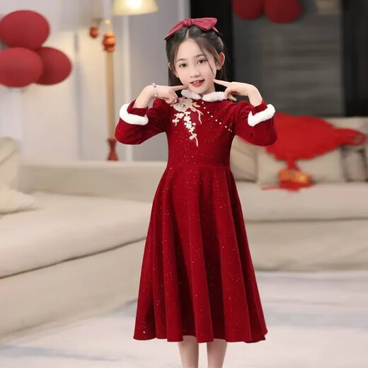 Girls Dresses Winter Girls Autumn and Winter Chinese Style Dresses for Big Children Red New Year's Eve Dresses for Little Girls - Red Raw Edge Cheongsam Dress 120 cm