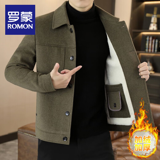 ROMON wool jacket men's short velvet thickened jacket autumn and winter men's new casual slim lapel woolen top Khaki XL 180/100A 130-150Jin Jin equals 0.5 kg