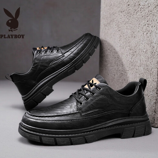 PLAYBOY Leather Shoes Men's 2025 Autumn Formal Business Casual Shoes Round Toe British Martin Boots Men's Work Shoes Black 42
