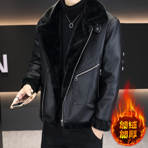 NASALIKE2025 winter velvet thickened leather jacket men's new jacket fur integrated lapel warm motorcycle leather jacket 5999 black velvet L 90-110Jin Jin is equal to about 0.5 kg