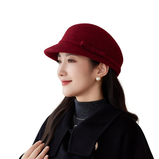 Autumn and winter woolen mother's equestrian hat for women, high-end bow, elegant retro small fragrant style duck hat, burgundy, one size fits all