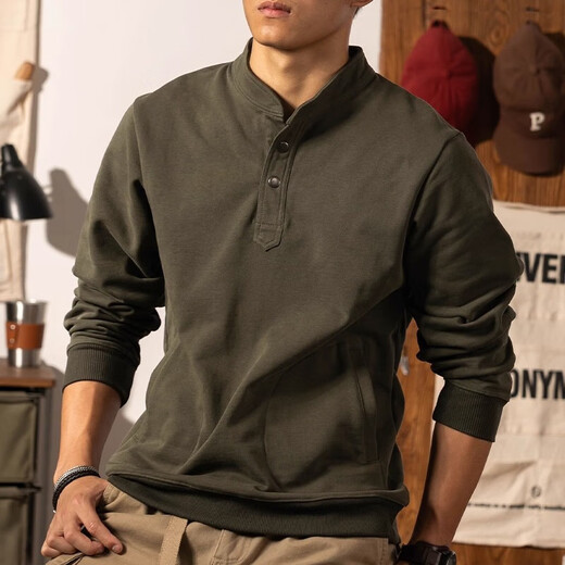 Kazuki Kuraishi KAZUKI KURAISHI trendy brand retro Henley collar sweatshirt for men 2025 autumn and winter Japanese pullover stand collar pure cotton heavyweight long-sleeved Henley shirt Army Green 3XL