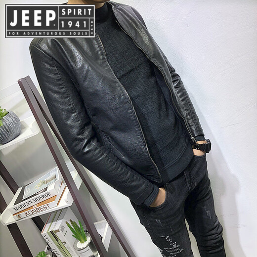JEEP SPIRIT Jeep Leather Jacket Men's Spring and Autumn New Stand Collar Slim Motorcycle Suit Versatile Men's Leather Jacket Handsome Jacket 8886-Thickness Single Lining Size Small Regular S Suitable for 80-90 Jin Jin equals 0.5 kg Small