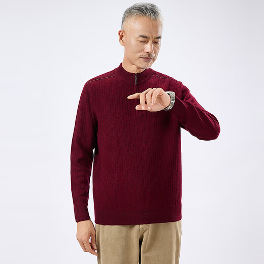 Hengyuanxiang 100% sheep wool pure wool sweater men's autumn and winter vertical striped sweater top thickened half-high zipper sweater dark red M /170/88A