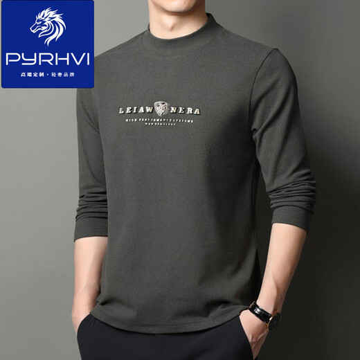 PYRHVI品牌长袖t恤男半高领春秋季双面德绒内衣服男士薄款打底印花体恤 6218蓝色 M 165/105/48