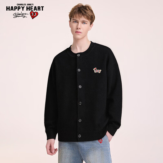 Charles Heart Simple Retro Cardigan Button Sweater for Men and Women Autumn and Winter Embroidered Sweater Couple Tops Black M