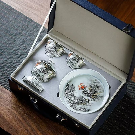 Jujunge Jingdezhen New Ink Color Dragon Pattern Kung Fu Tea Set Home Ceramic Tea Bowl for Gifts Ink Color Dragon Pattern