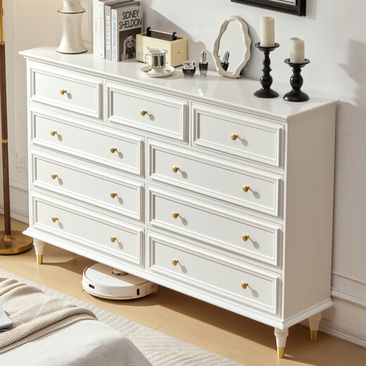 MIKEMIJIA Five Drawers and Seven Drawers Cabinet Bedroom Wall Drawer Cabinet Bedside Storage Cabinet Living Room Retro Warm White Solid Wood Dressing Table + Stool (Mirror Not Included) Completely Delivered to Your Home Completely Equipped (Table legs need to be assembled manually)