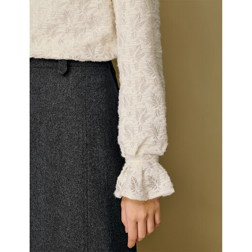 INMAN palace style brushed knitted lace shirt 2026 winter women's new lantern sleeve shirt off-white M