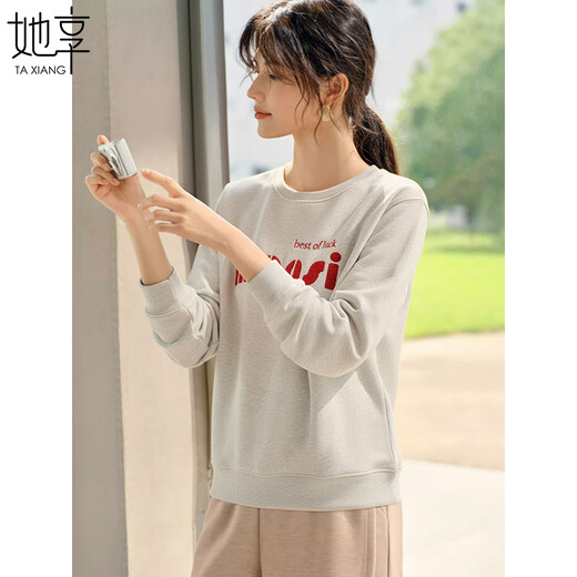 她享加绒卫衣女休闲百搭毛巾绣刺绣上衣冬季短款套头衫外套 T54W108