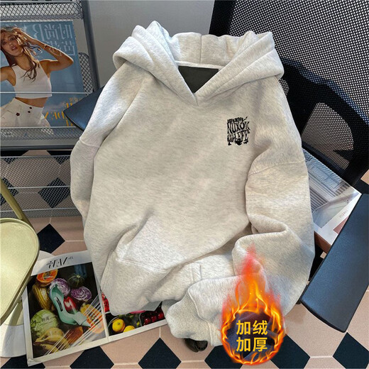 Qumile American Heavyweight Velvet Thickened Sweater Men's Autumn and Winter Loose Warm Trendy High Street Hoodie Top Clothes Jacket White Gray Velvet XL