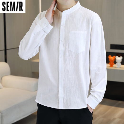 Semir official flagship Henry collar cotton and linen long-sleeved shirt men's spring and autumn men's summer casual shirt short-sleeved inch shirt CS8K02 long-sleeved white M 90-110Jin Jin equals 0.5 kg
