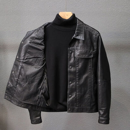 Velvet thickened leather jacket men's autumn and winter new Korean style slim youth lapel casual motorcycle leather jacket men's trendy black plus velvet XL XL recommended size 115--130Jin Jin equals 0.5 kg