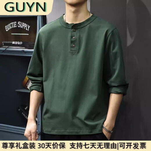 GUYN light luxury men's clothing brand 2025 spring new pure cotton Henry collar long-sleeved T-shirt for men, loose, fashionable and versatile, military green military green 2XL 150175Jin Jin equals 0.5 kg