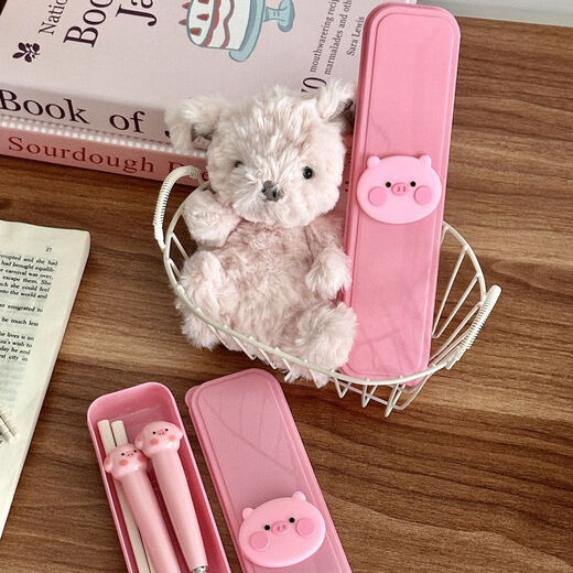 Cute little pig girl spoon fork student chopsticks stainless steel cutlery set cartoon three-piece storage box portable spoon + fork + chopsticks free storage box